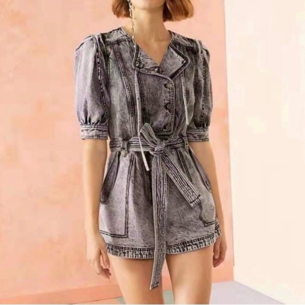 Ulla Johnson Purple Carmine Acid Denim Romper In Lilac Puff Sleeve Size 6 - Picture 2 of 7